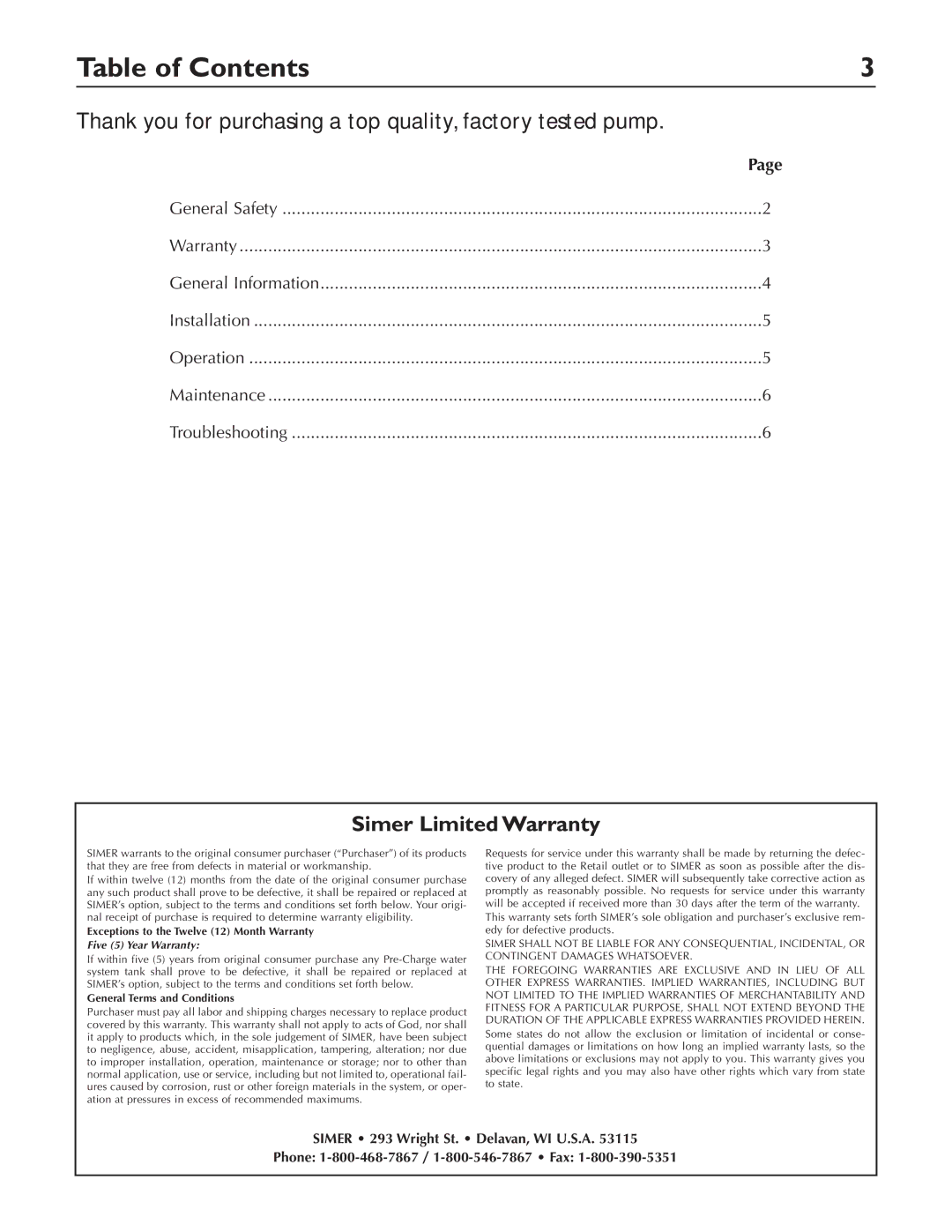 Simer Pumps 2430 owner manual Table of Contents 