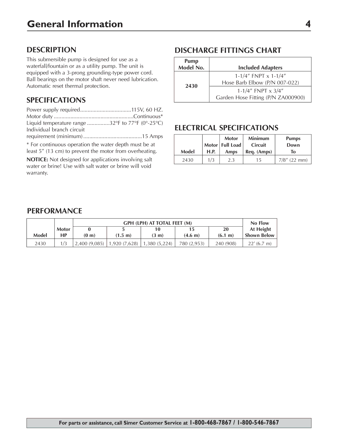 Simer Pumps 2430 owner manual General Information 