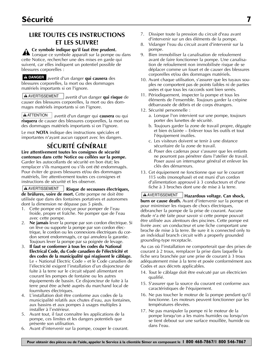 Simer Pumps 2430 owner manual Lire Toutes CES Instructions ET LES Suivre, Sécurité Générale 