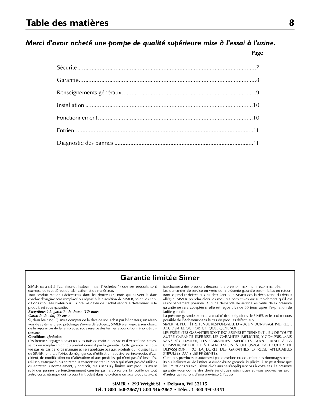 Simer Pumps 2430 owner manual Table des matières, Garantie limitée Simer 