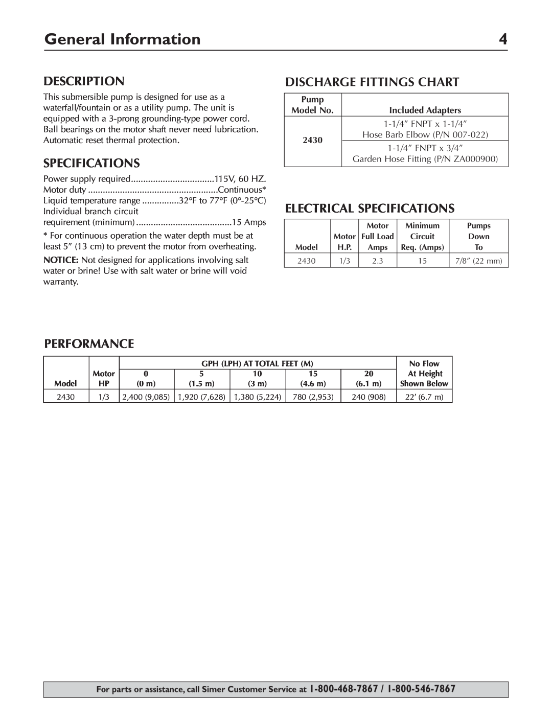 Simer Pumps 2430 General Information, Description, Discharge Fittings Chart, Electrical Specifications, Performance 