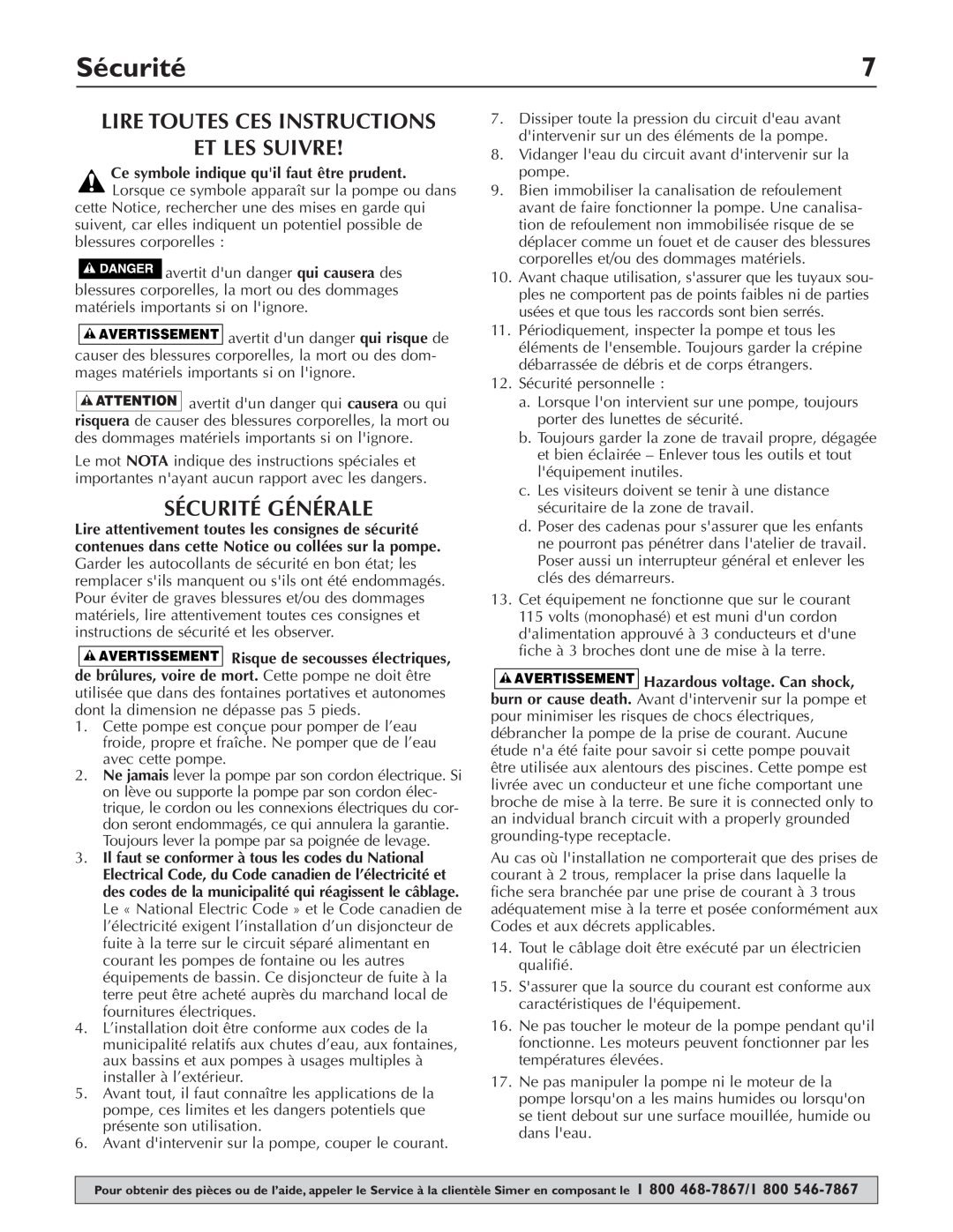 Simer Pumps 2430 owner manual Lire Toutes Ces Instructions Et Les Suivre, Sécurité Générale 