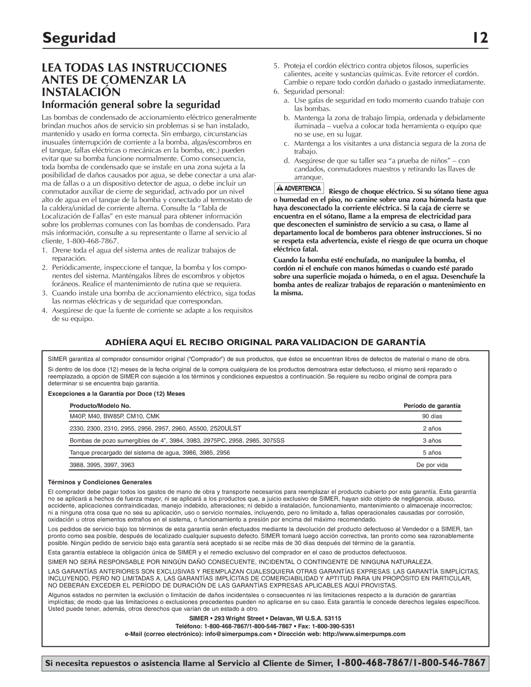 Simer Pumps 2520ULST owner manual Seguridad, Información general sobre la seguridad, Términos y Condiciones Generales 