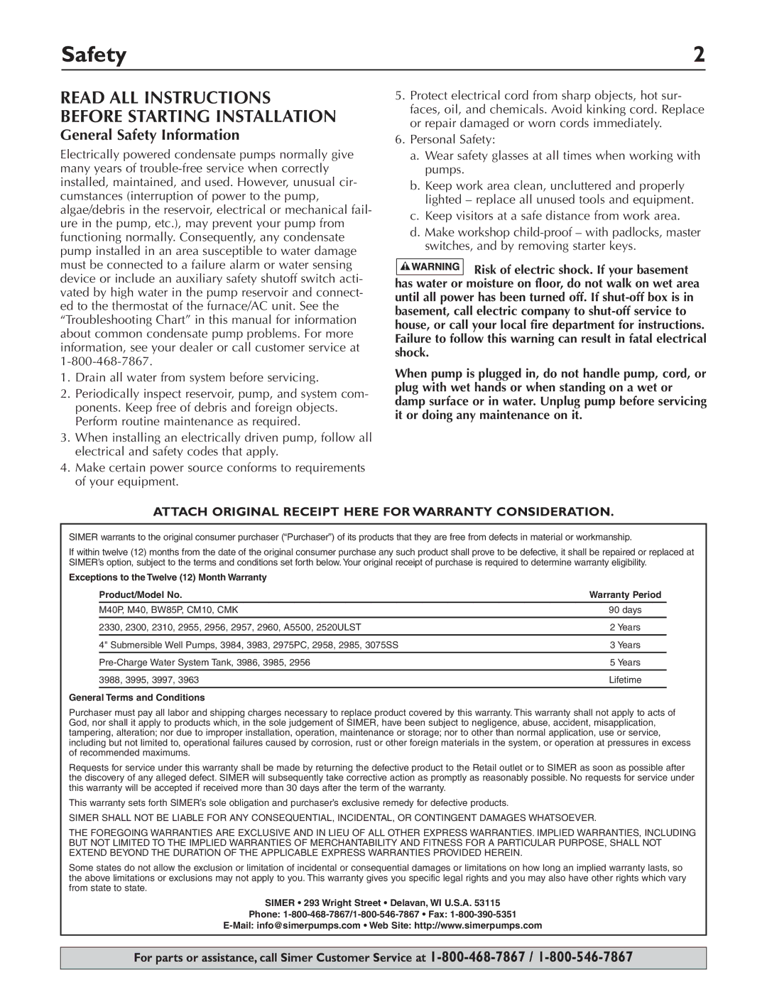 Simer Pumps 2520ULST owner manual General Safety Information, Warranty Period 