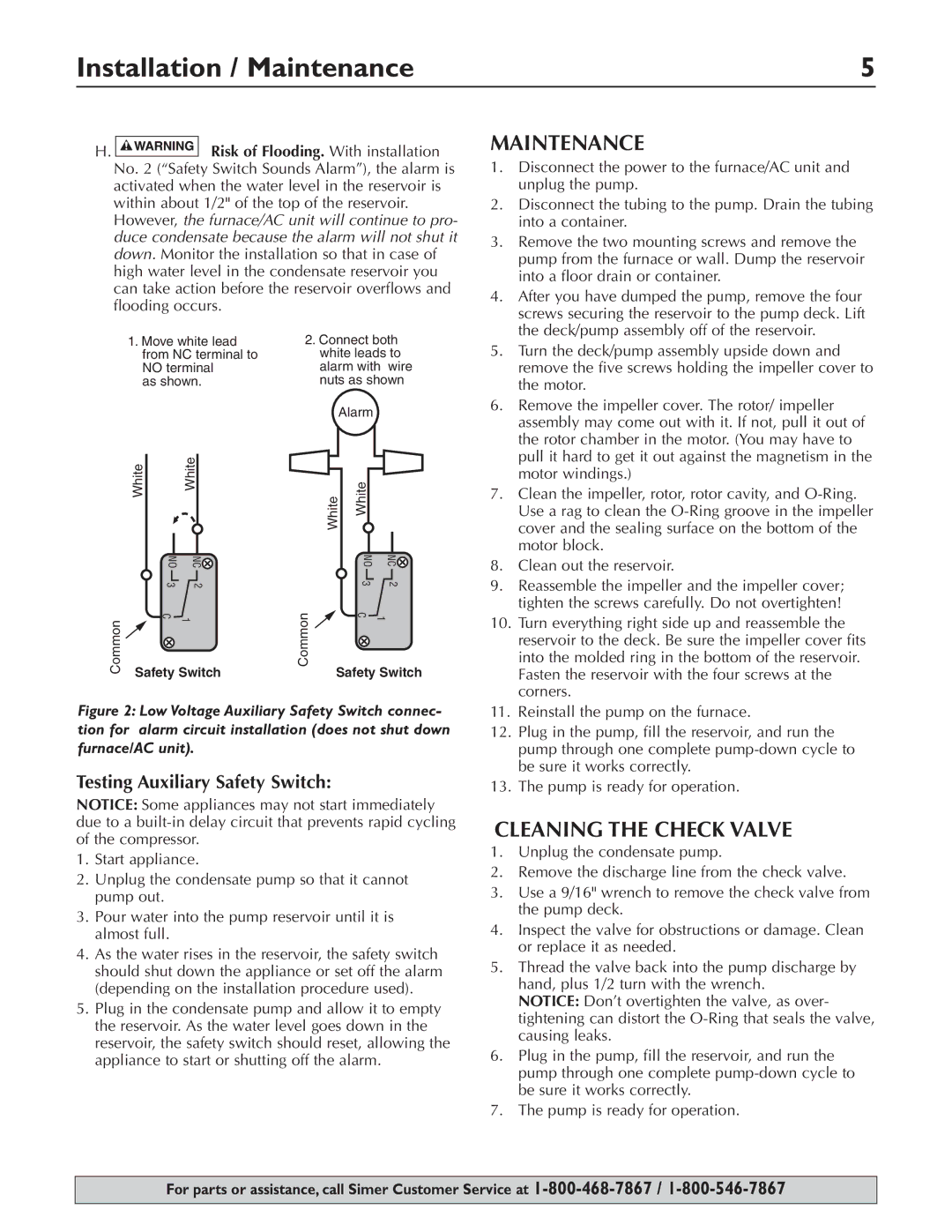 Simer Pumps 2520ULST owner manual Installation / Maintenance, Cleaning the Check Valve, Testing Auxiliary Safety Switch 