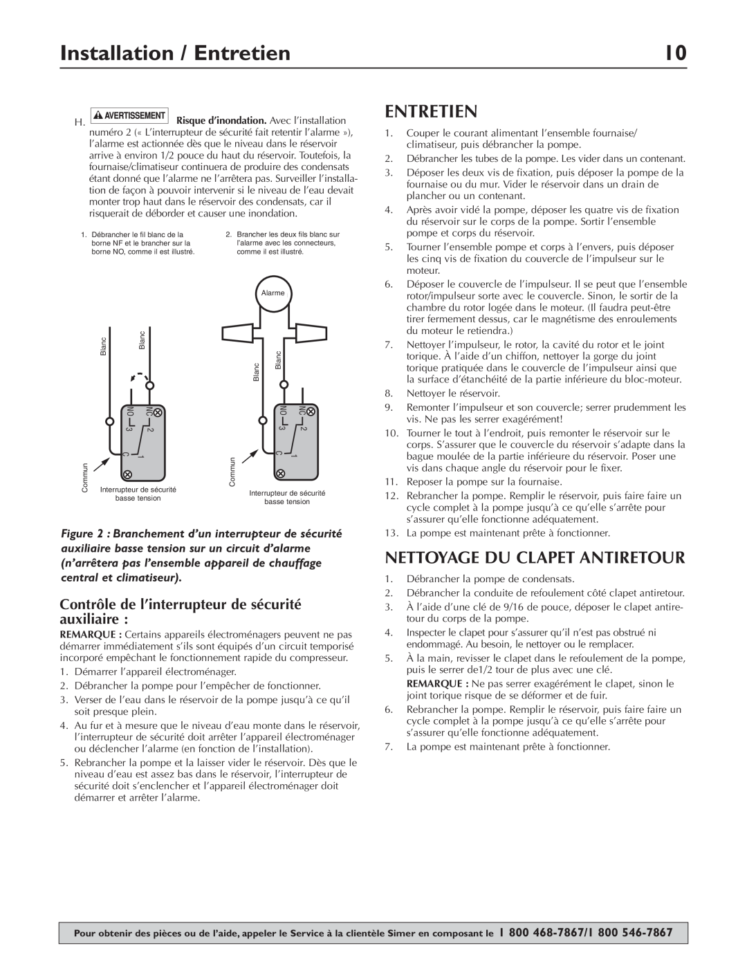 Simer Pumps 2520ULST owner manual Installation / Entretien, Nettoyage Du Clapet Antiretour, Safety Switch 