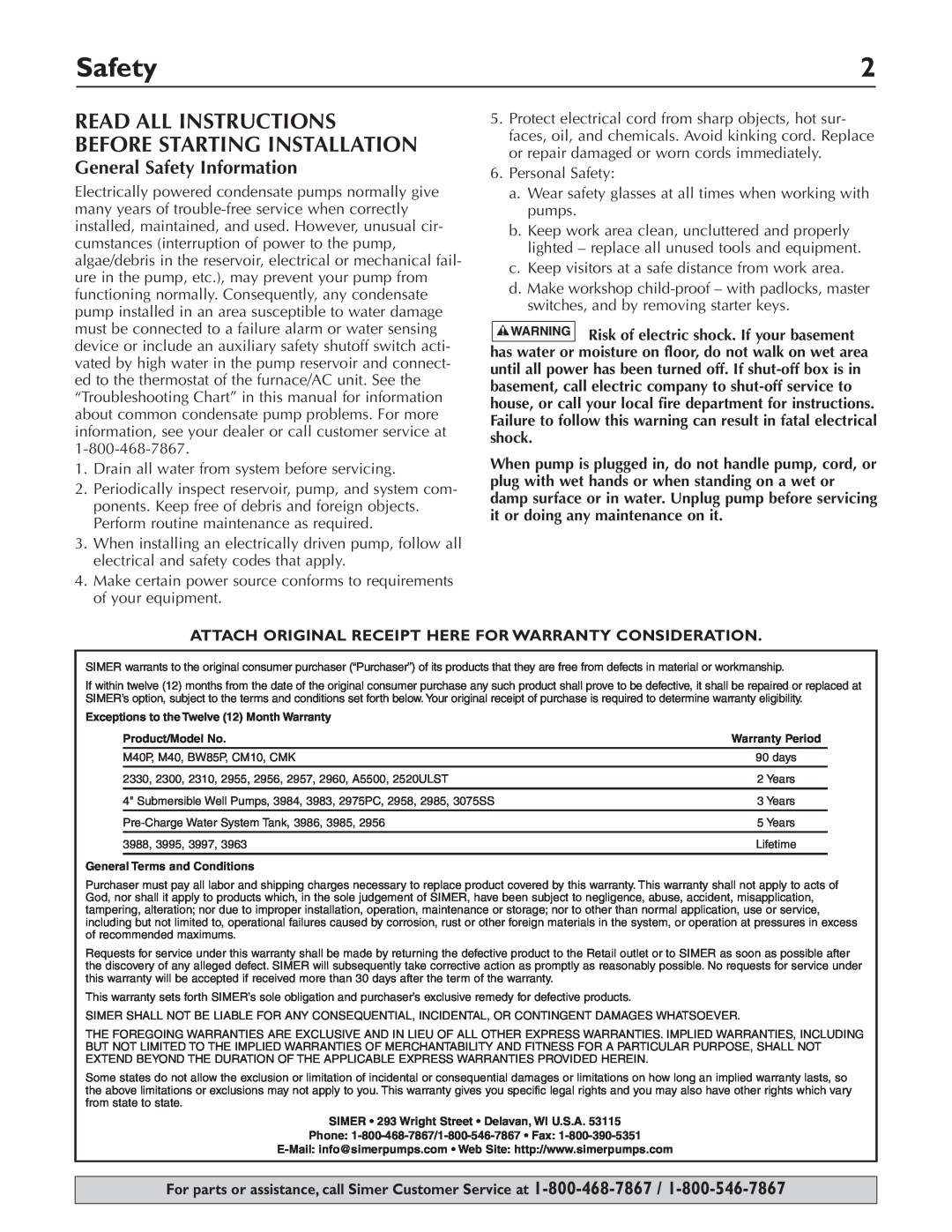 Simer Pumps 2520ULST owner manual General Safety Information 