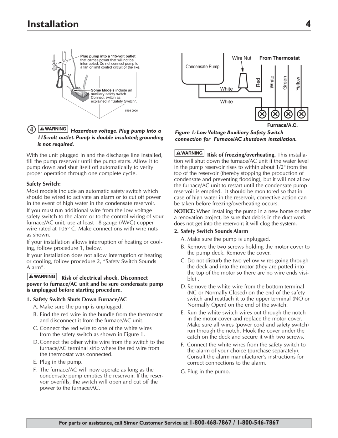 Simer Pumps 2520ULST owner manual Safety Switch Shuts Down Furnace/AC, Safety Switch Sounds Alarm, Installation 