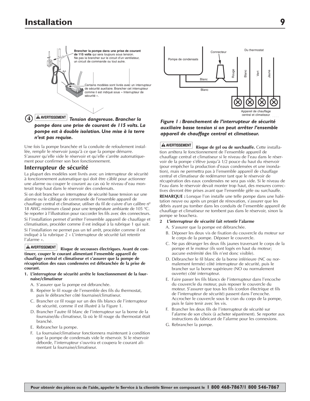 Simer Pumps 2520ULST owner manual Interrupteur de sécurité, Installation, Furnace/A.C 