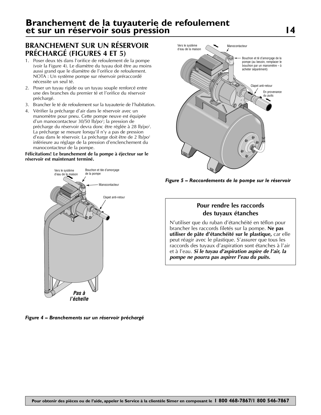Simer Pumps 2800E, 2802 Branchement SUR UN Réservoir Préchargé Figures 4 ET, Pour rendre les raccords Des tuyaux étanches 