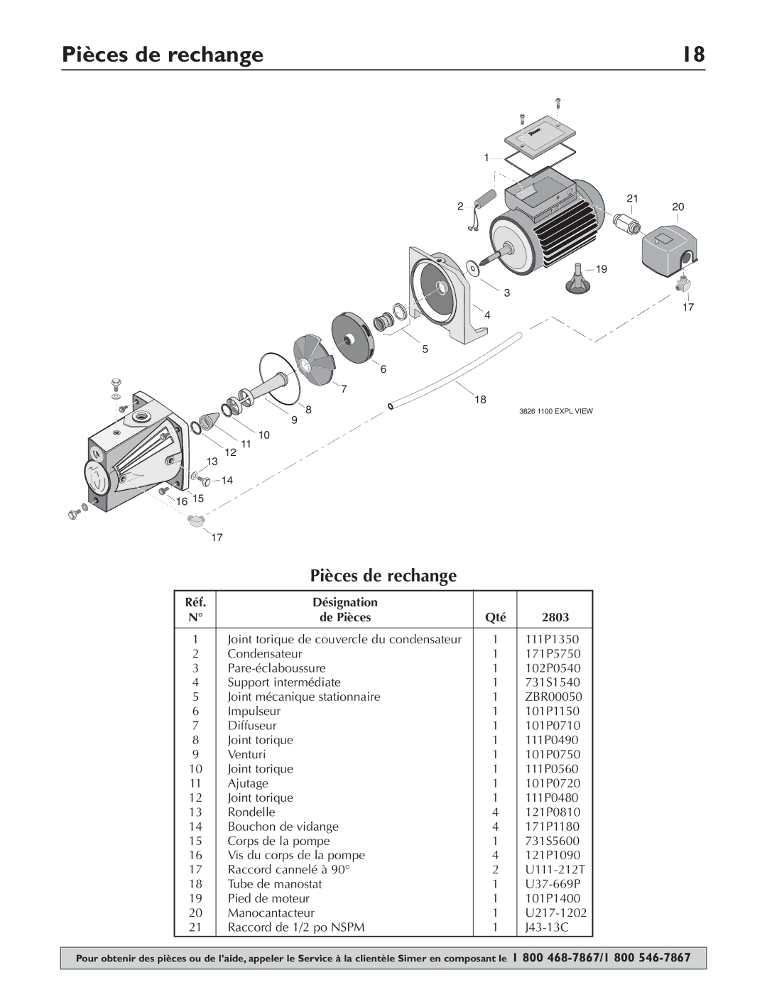 Simer Pumps 2802E, 2800E owner manual Pièces de rechange, Qté 2803, Réf Désignation 