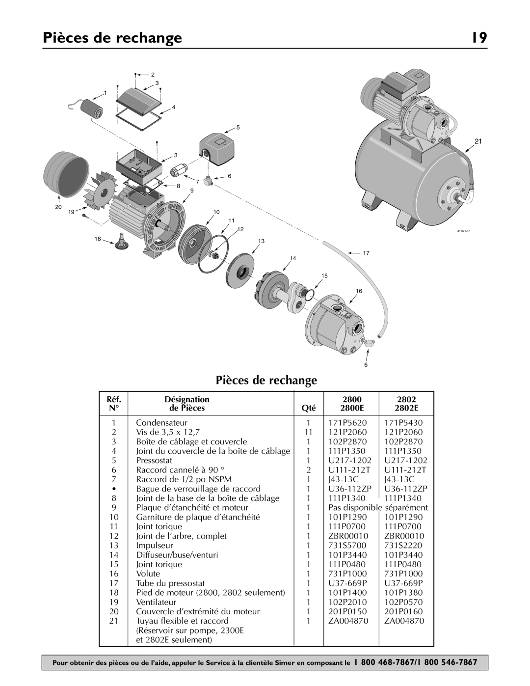 Simer Pumps 2803 owner manual Désignation 2800 2802 De Pièces Qté 2800E 2802E, Réf 