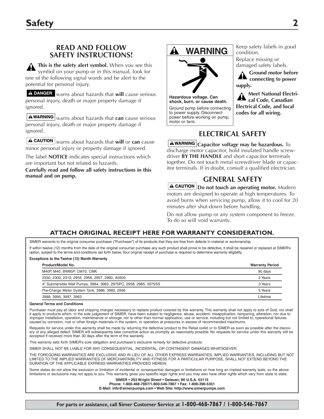 Simer Pumps 2802E, 2803, 2800E owner manual Read and Follow Safety Instructions, Electrical Safety, General Safety 