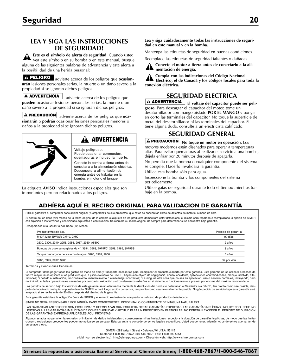 Simer Pumps 2803, 2802E, 2800 LEA Y Siga LAS Instrucciones DE Seguridad, Seguridad Electrica, Seguridad General 