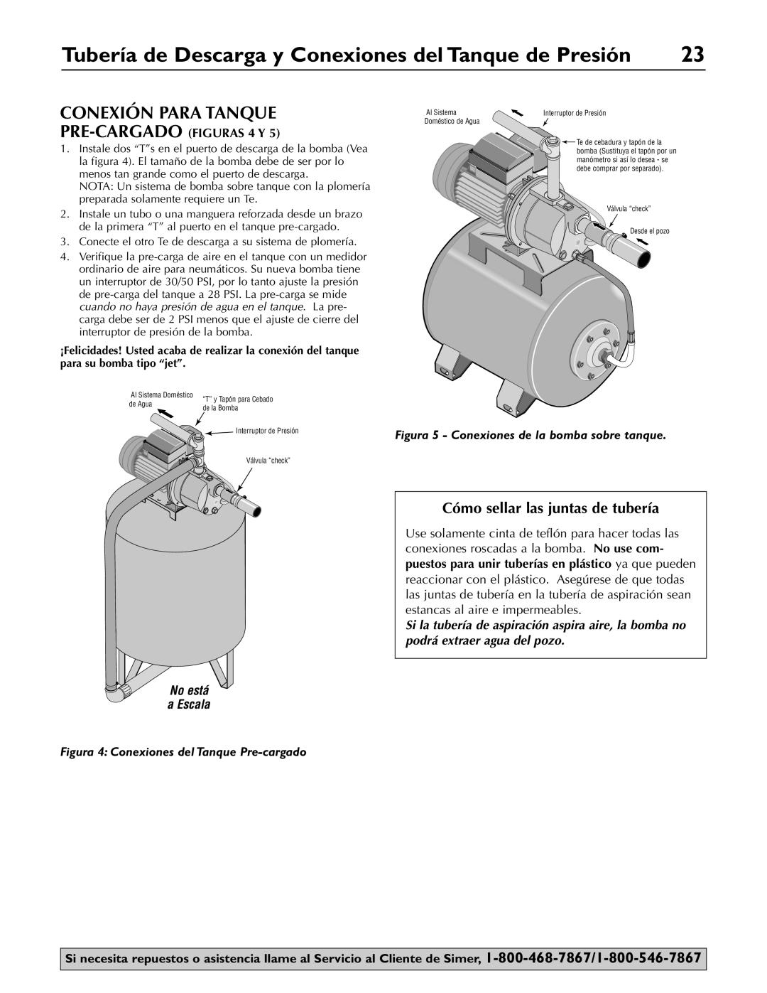 Simer Pumps 2803, 2802E, 2800E owner manual Conexión Para Tanque, Cómo sellar las juntas de tubería 