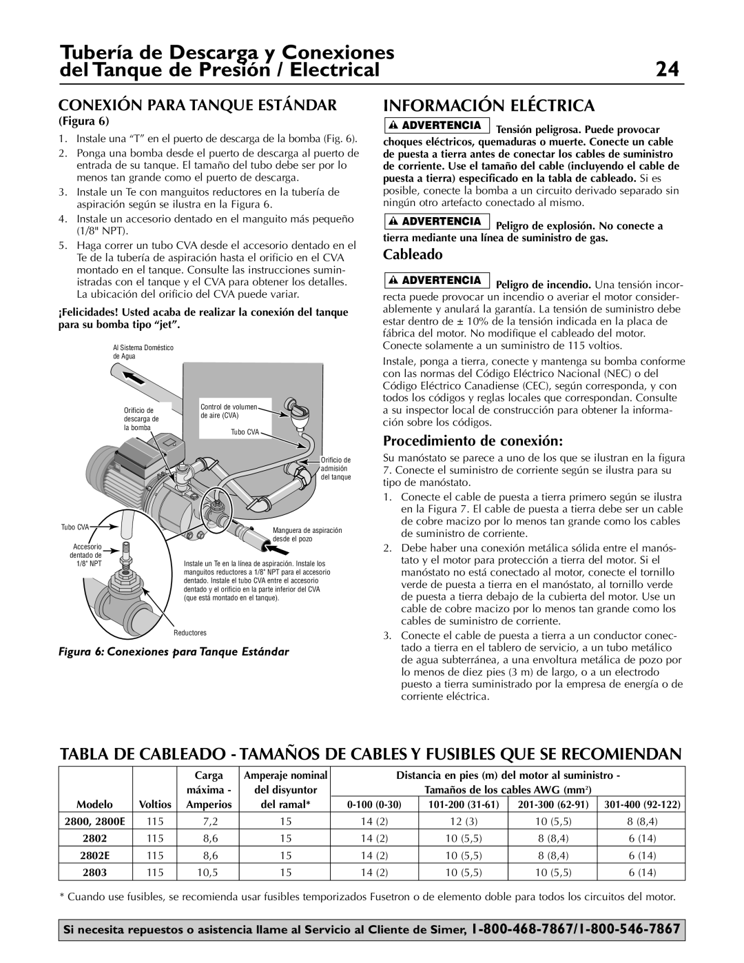 Simer Pumps 2800E, 2803, 2802E owner manual Información Eléctrica, Cableado, Procedimiento de conexión 