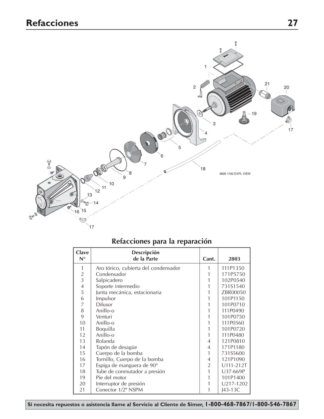 Simer Pumps 2802E, 2803, 2800E owner manual Refacciones, Clave Descripción De la Parte Cant 