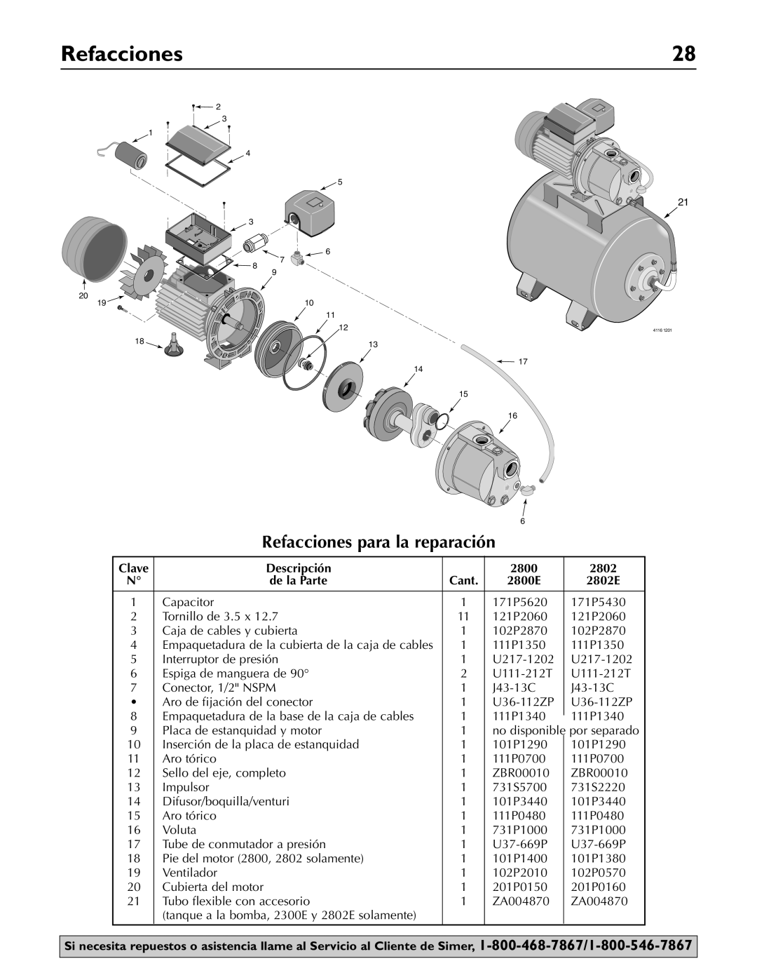 Simer Pumps 2803 owner manual Descripción 2800 2802 De la Parte Cant 2800E 2802E, Clave 