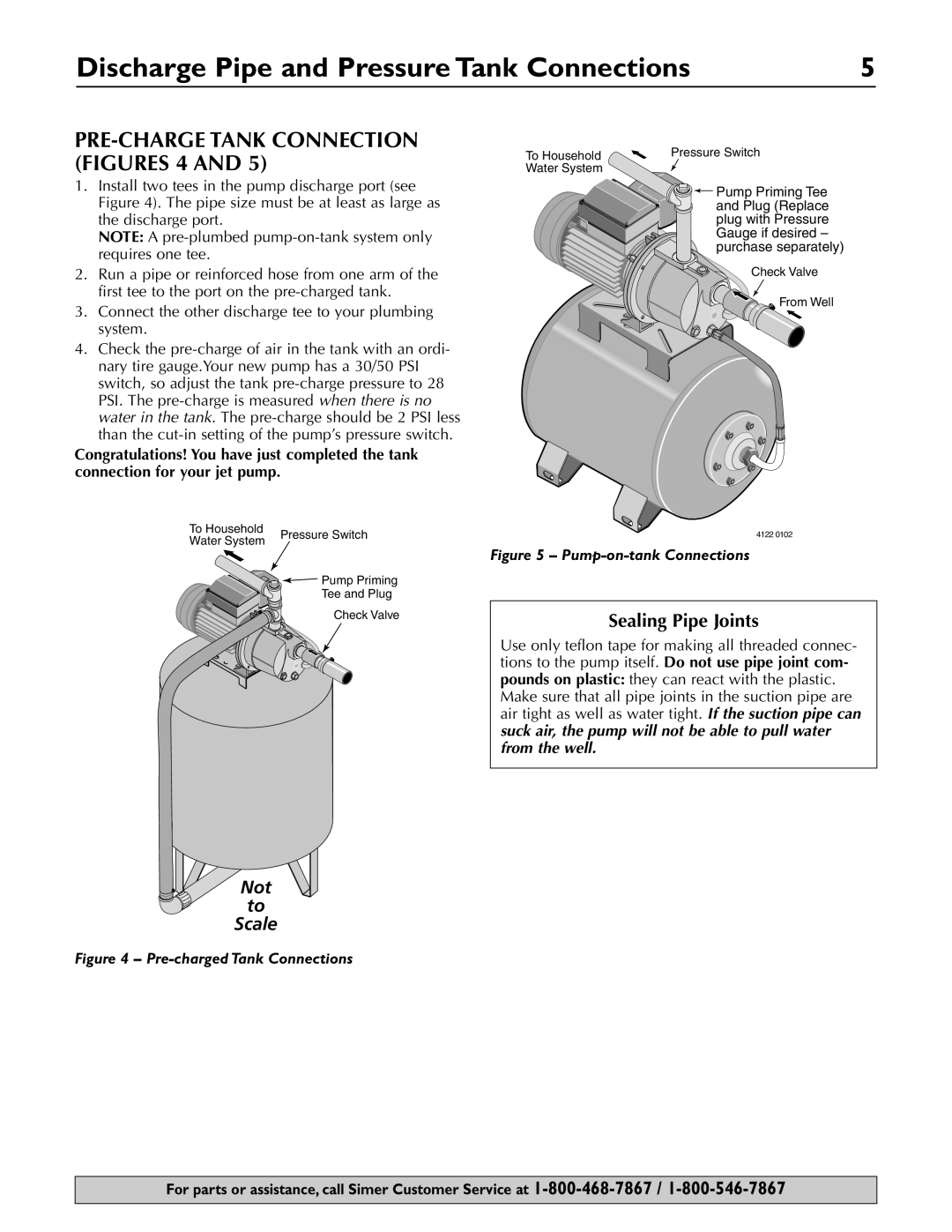 Simer Pumps 2803, 2802E, 2800E owner manual Discharge Pipe and Pressure Tank Connections, Sealing Pipe Joints 