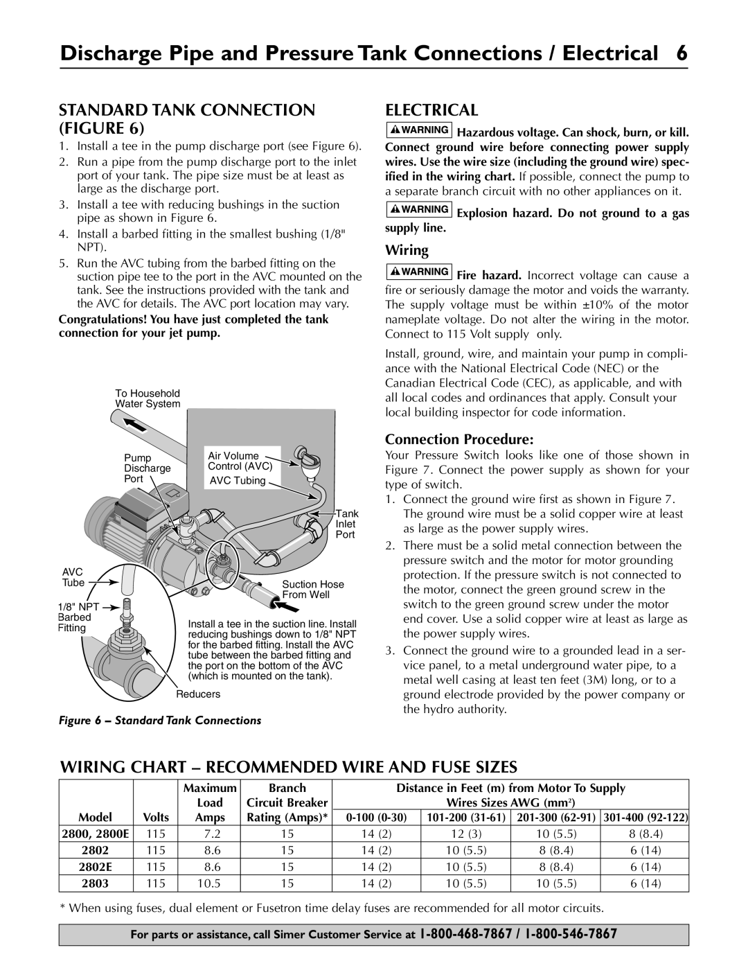 Simer Pumps 2803, 2802E, 2800 Discharge Pipe and Pressure Tank Connections / Electrical, Standard Tank Connection Figure 