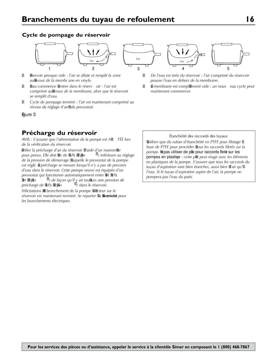 Simer Pumps 2806E owner manual Branchements du tuyau de refoulement, Précharge du réservoir, Cycle de pompage du réservoir 