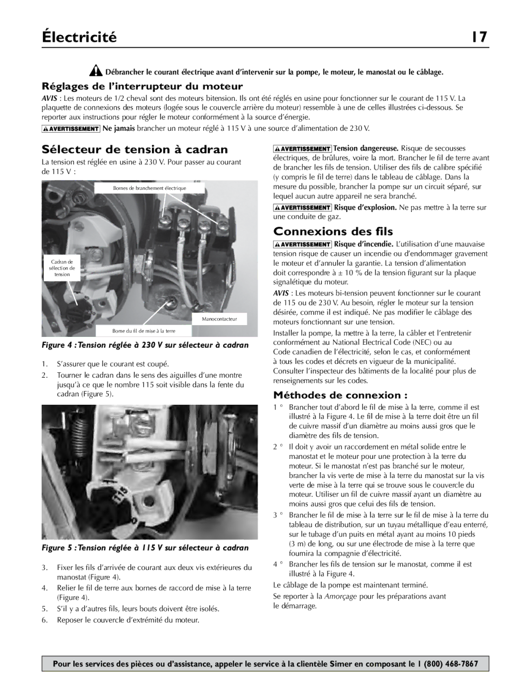 Simer Pumps 2806E Électricité, Sélecteur de tension à cadran, Connexions des fils, Réglages de l’interrupteur du moteur 