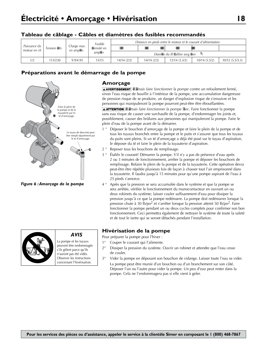 Simer Pumps 2806E Électricité Amorçage Hivérisation, Préparations avant le démarrage de la pompe, Hivérisation de la pompe 