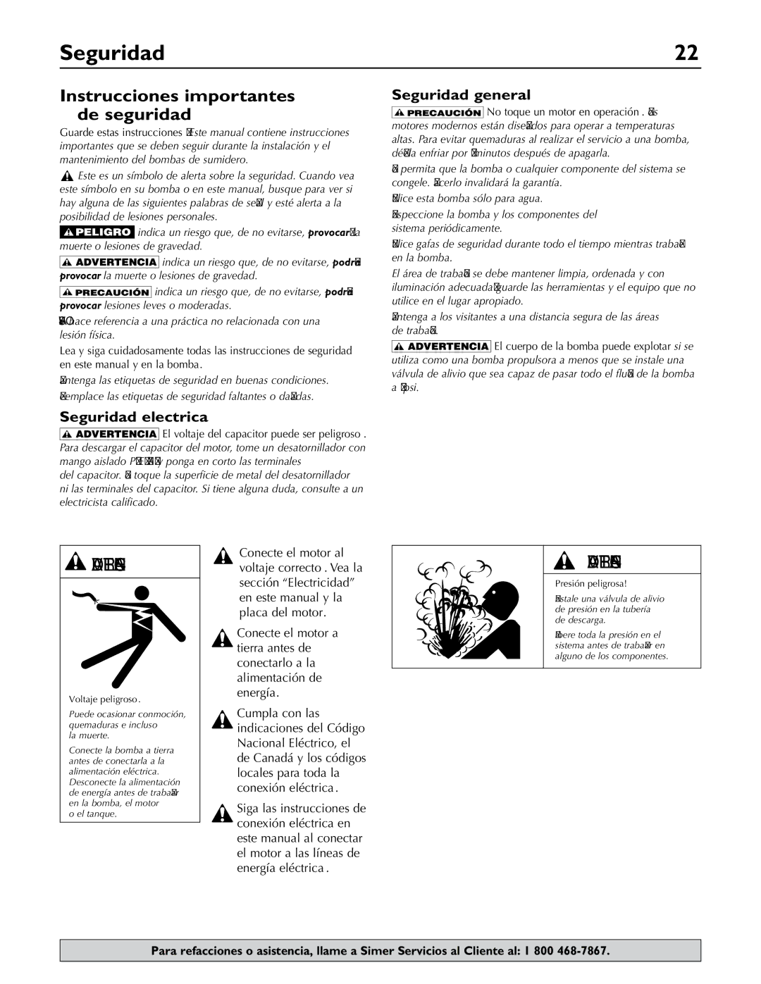 Simer Pumps 2806E owner manual Instrucciones importantes de seguridad, Seguridad electrica, Seguridad general 