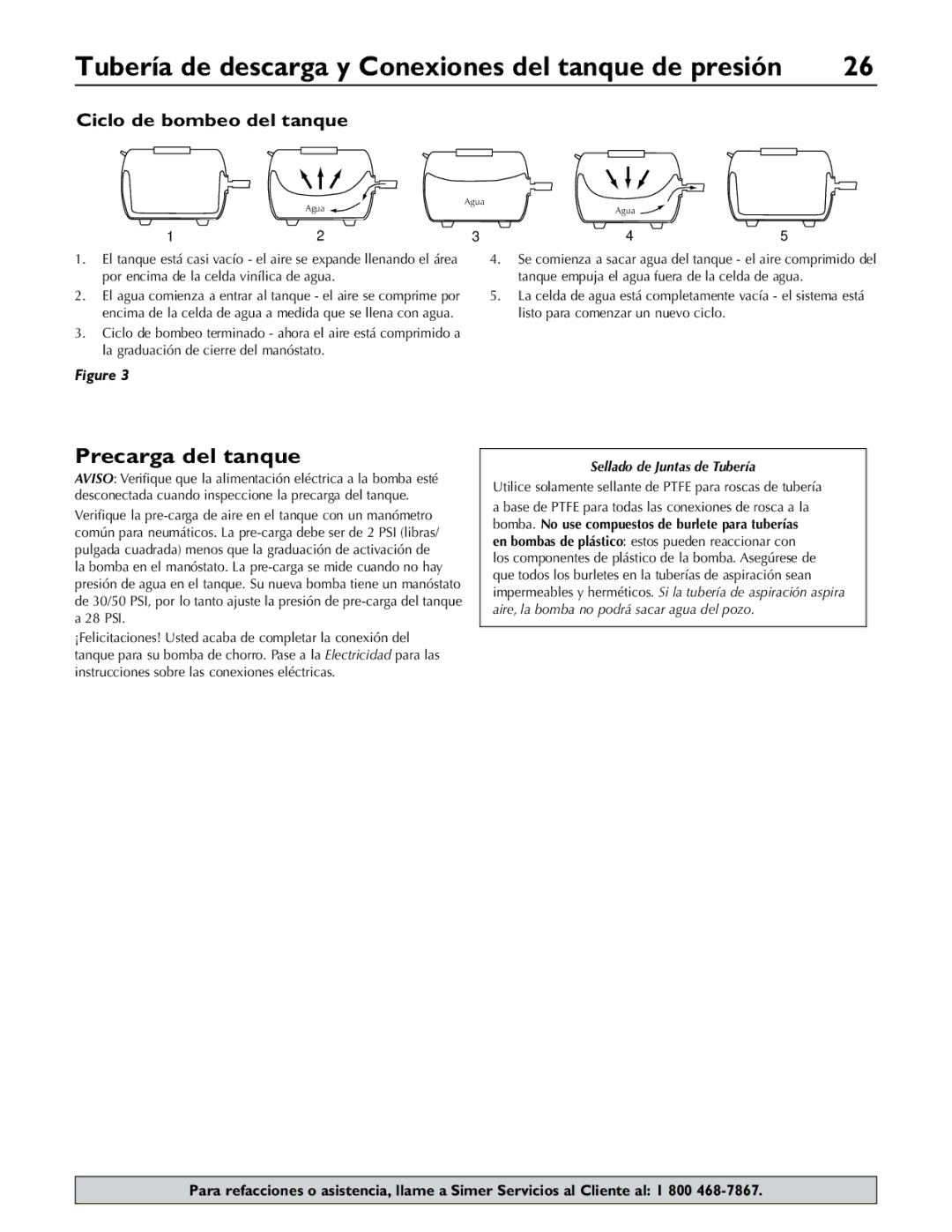 Simer Pumps 2806E owner manual Precarga del tanque, Ciclo de bombeo del tanque 