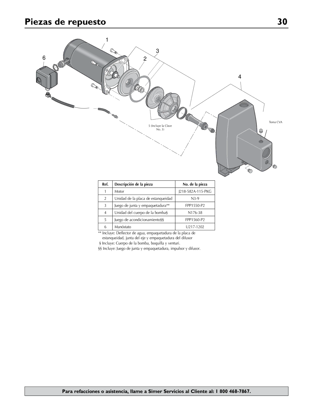 Simer Pumps 2806E owner manual Piezas de repuesto, Descripción de la pieza No.. de la pieza 