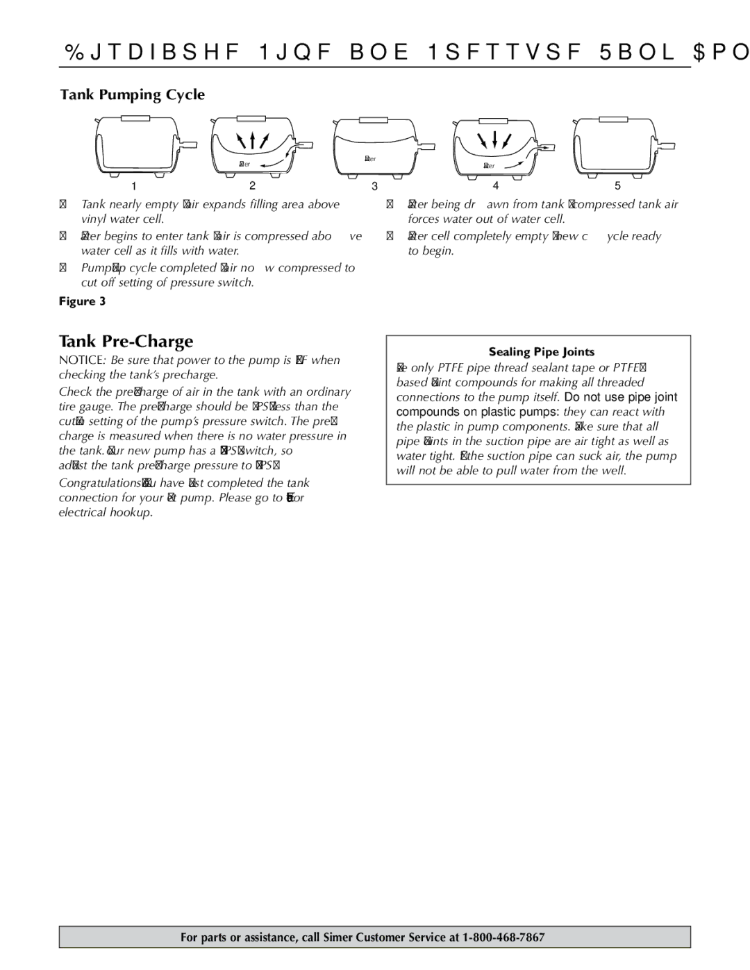 Simer Pumps 2806E owner manual Discharge Pipe and Pressure Tank Connections, Tank Pre-Charge, Tank Pumping Cycle 