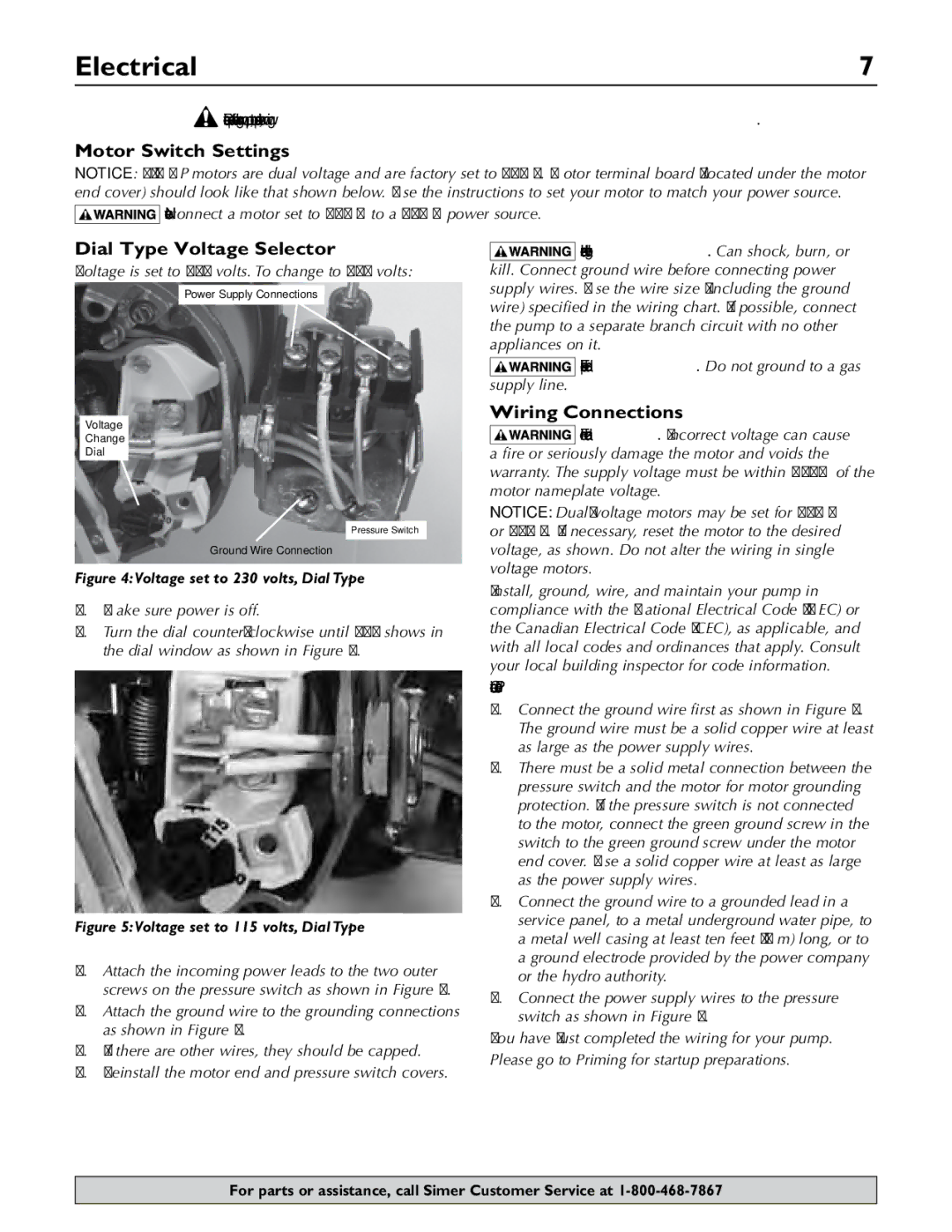 Simer Pumps 2806E owner manual Electrical, Motor Switch Settings, Dial Type Voltage Selector, Wiring Connections 