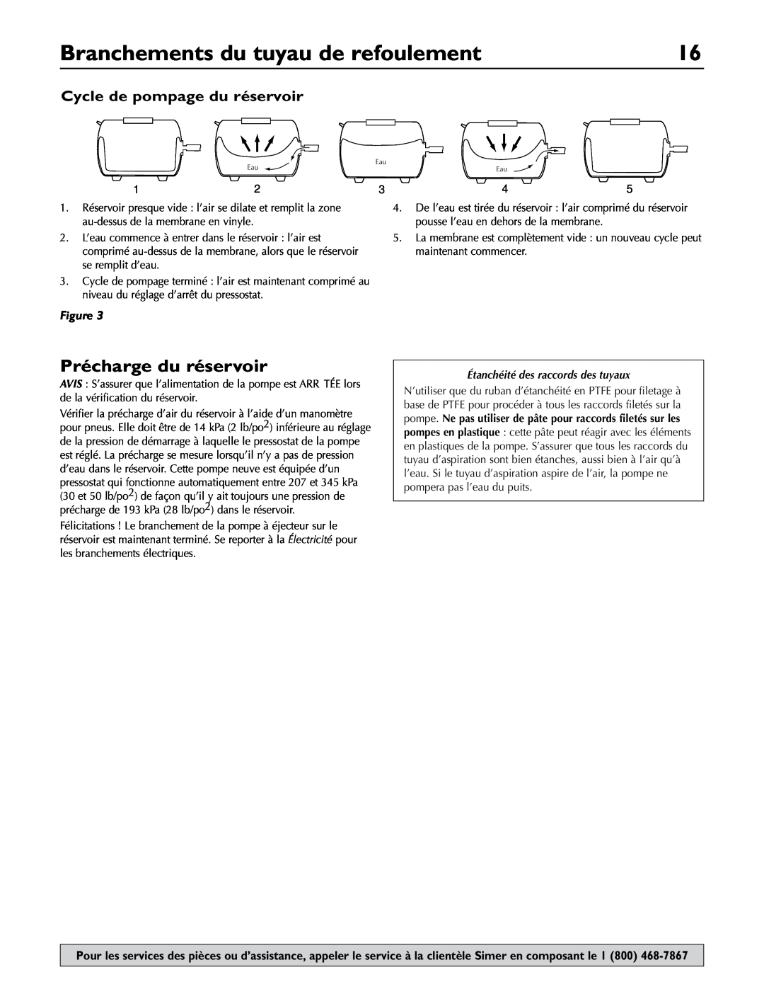 Simer Pumps 2806E owner manual Branchements du tuyau de refoulement, Précharge du réservoir, Cycle de pompage du réservoir 