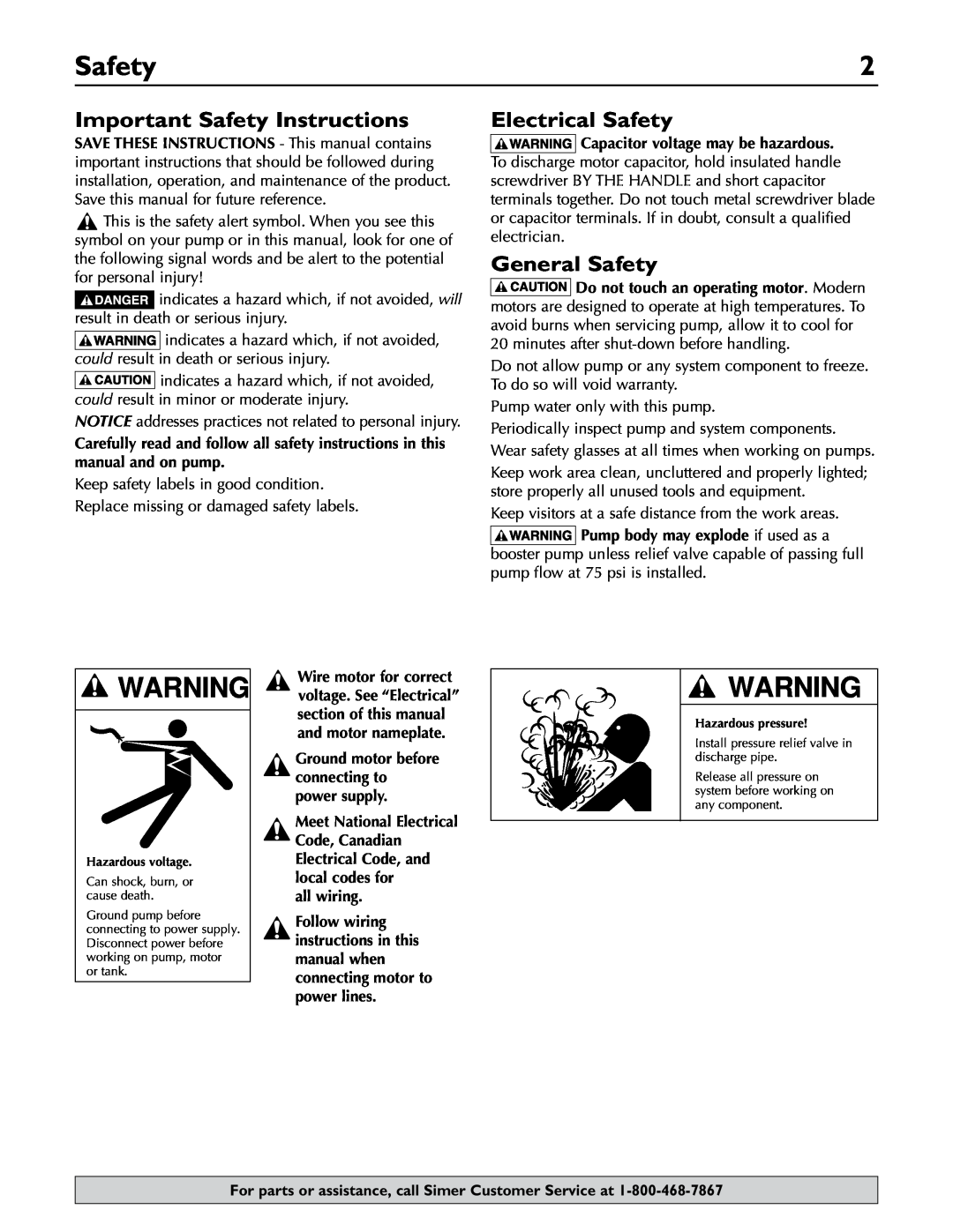 Simer Pumps 2806E owner manual Important Safety Instructions, Electrical Safety, General Safety 