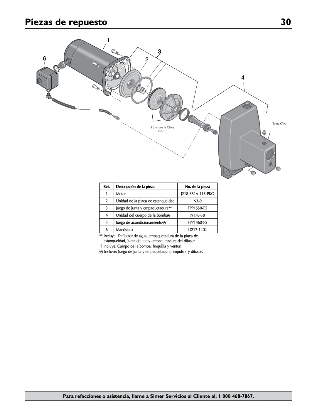 Simer Pumps 2806E owner manual Piezas de repuesto, Descripción de la pieza, No.. de la pieza 