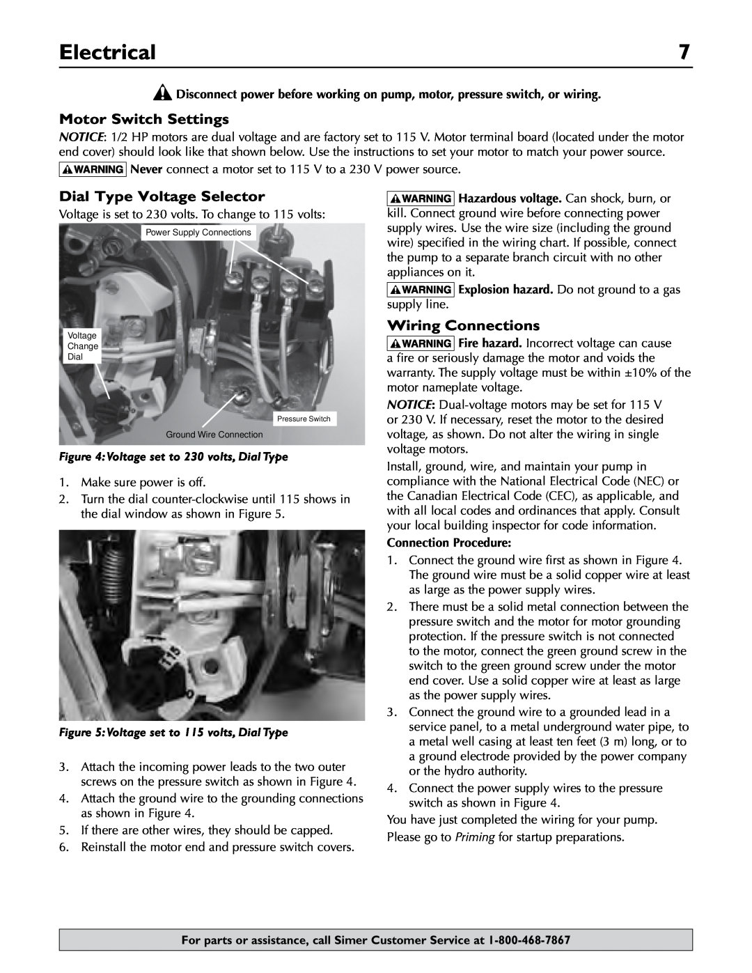 Simer Pumps 2806E owner manual Electrical, Motor Switch Settings, Dial Type Voltage Selector, Wiring Connections 