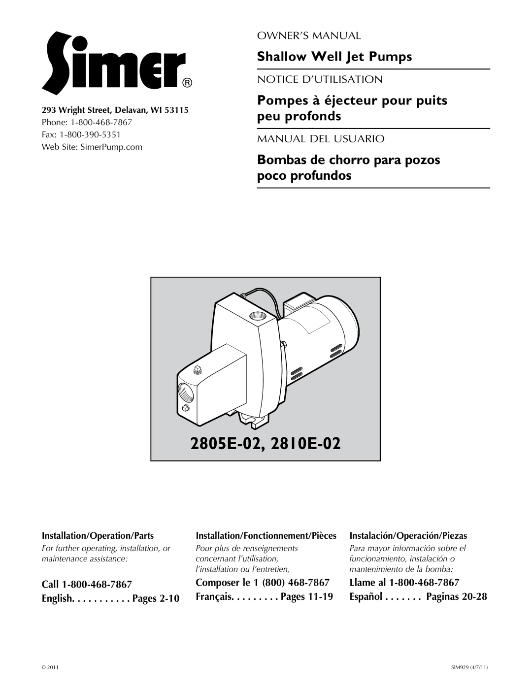 Simer Pumps 2.81E+01 owner manual Call English . . . . . . . . . . . Pages, Composer le 1 800 Llame al 