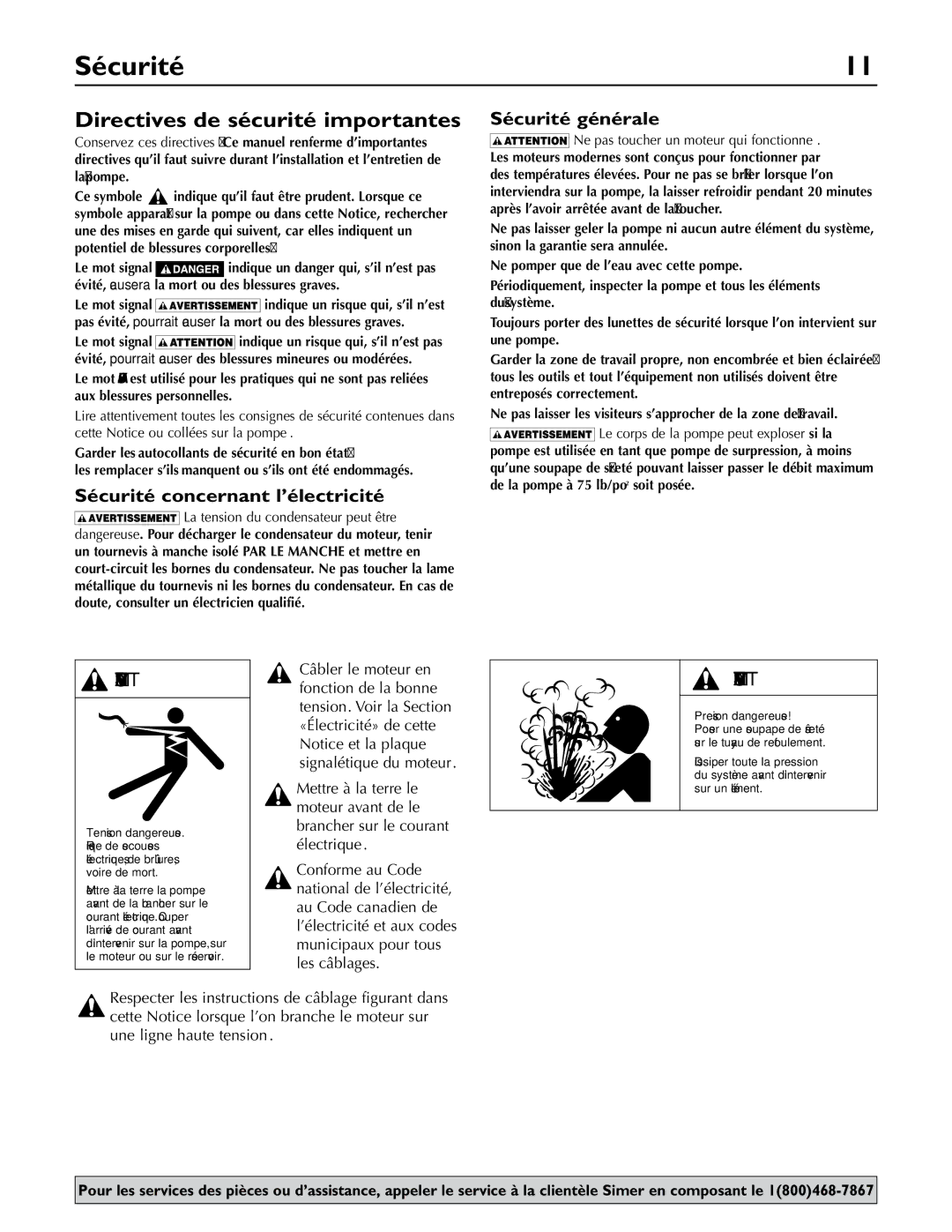 Simer Pumps 2.81E+01 Directives de sécurité importantes, Sécurité concernant l’électricité, Sécurité générale 