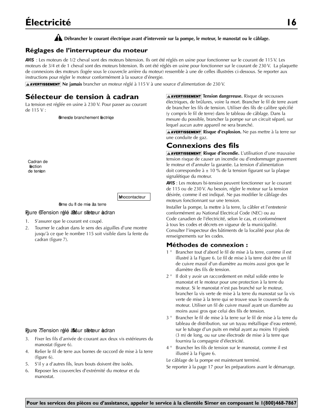 Simer Pumps 2.81E+01 Électricité, Sélecteur de tension à cadran, Connexions des fils, Réglages de l’interrupteur du moteur 