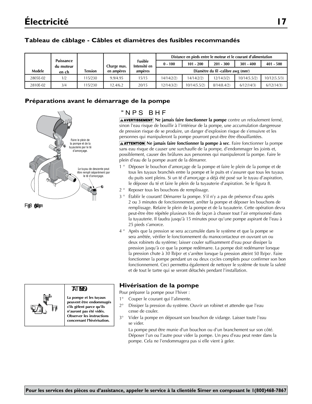 Simer Pumps 2.81E+01 owner manual Préparations avant le démarrage de la pompe, Amorçage, Hivérisation de la pompe, Tension 