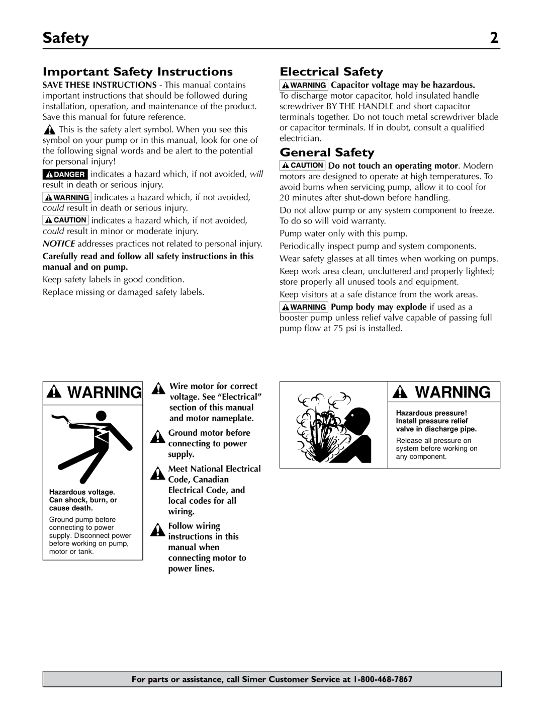 Simer Pumps 2.81E+01 owner manual Important Safety Instructions, Electrical Safety, General Safety 