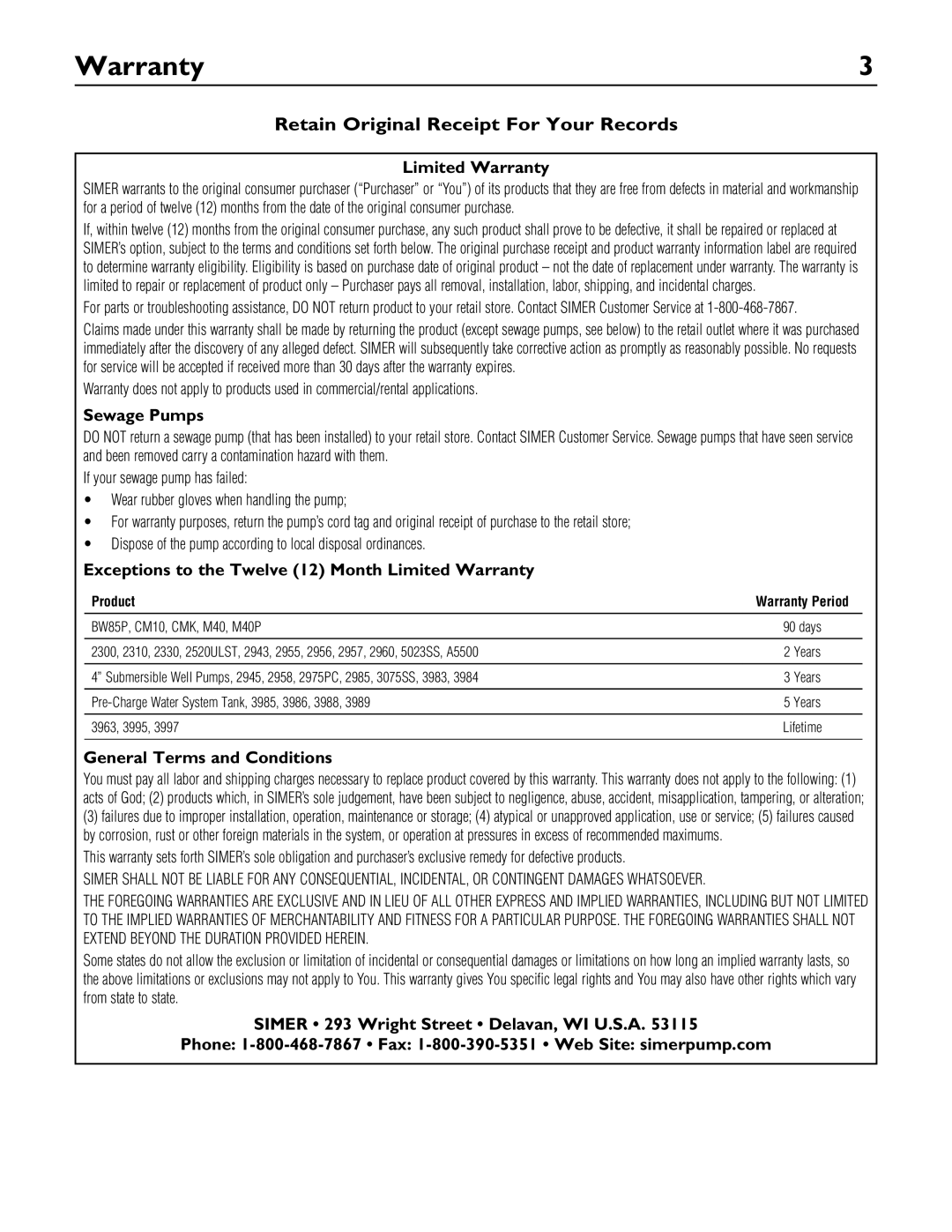 Simer Pumps 2.81E+01 owner manual Warranty, Retain Original Receipt For Your Records 