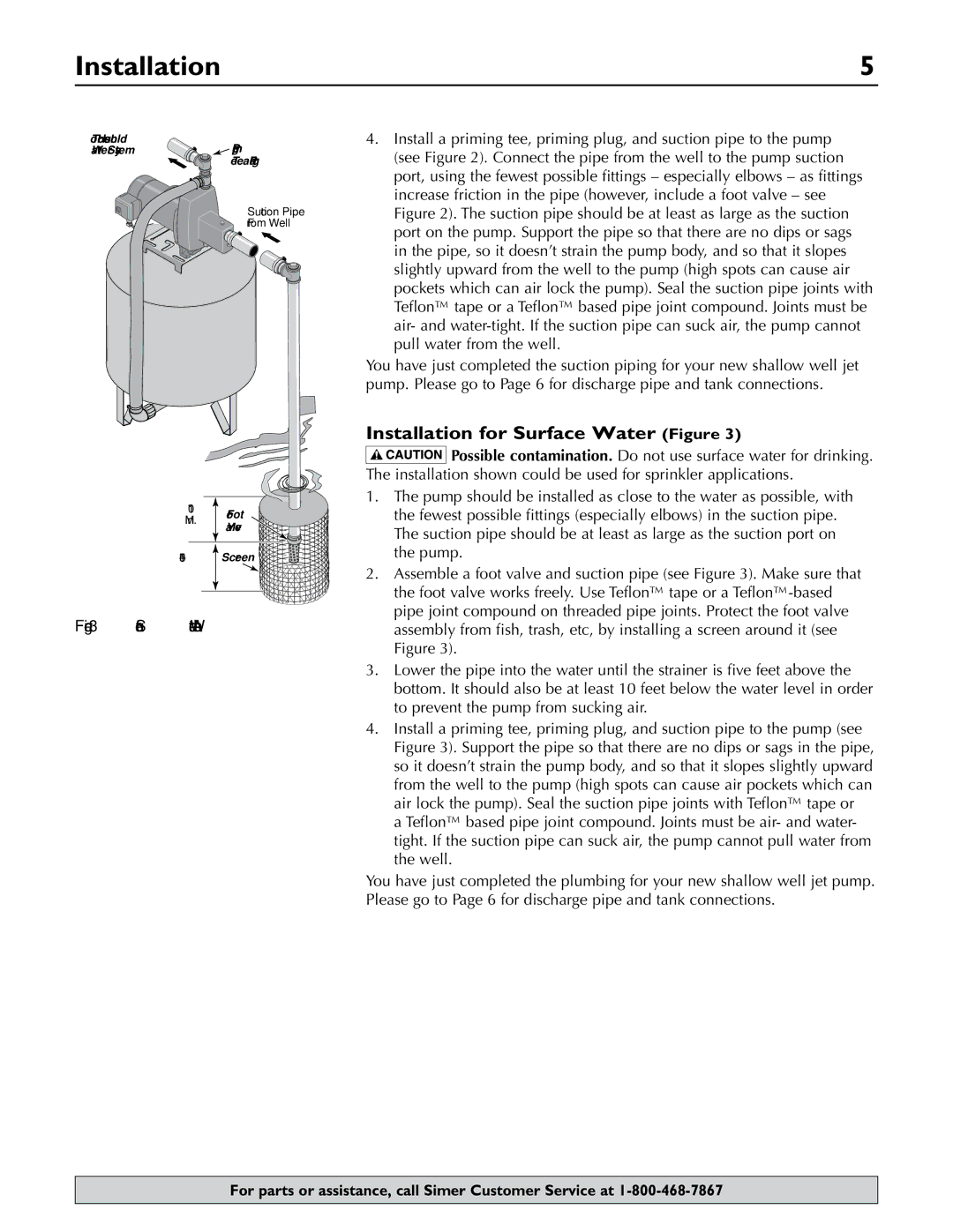 Simer Pumps 2.81E+01 owner manual Installation for Surface Water Figure, Surface Water Installation 