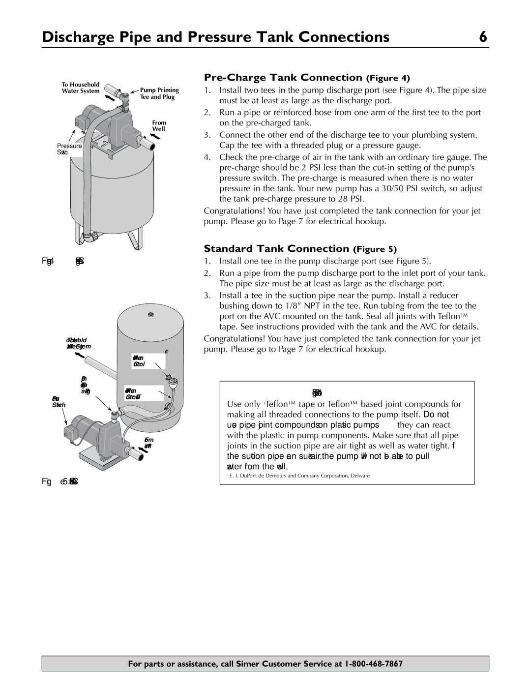 Simer Pumps 2.81E+01 owner manual Discharge Pipe and Pressure Tank Connections, Pre-Charge Tank Connection Figure 