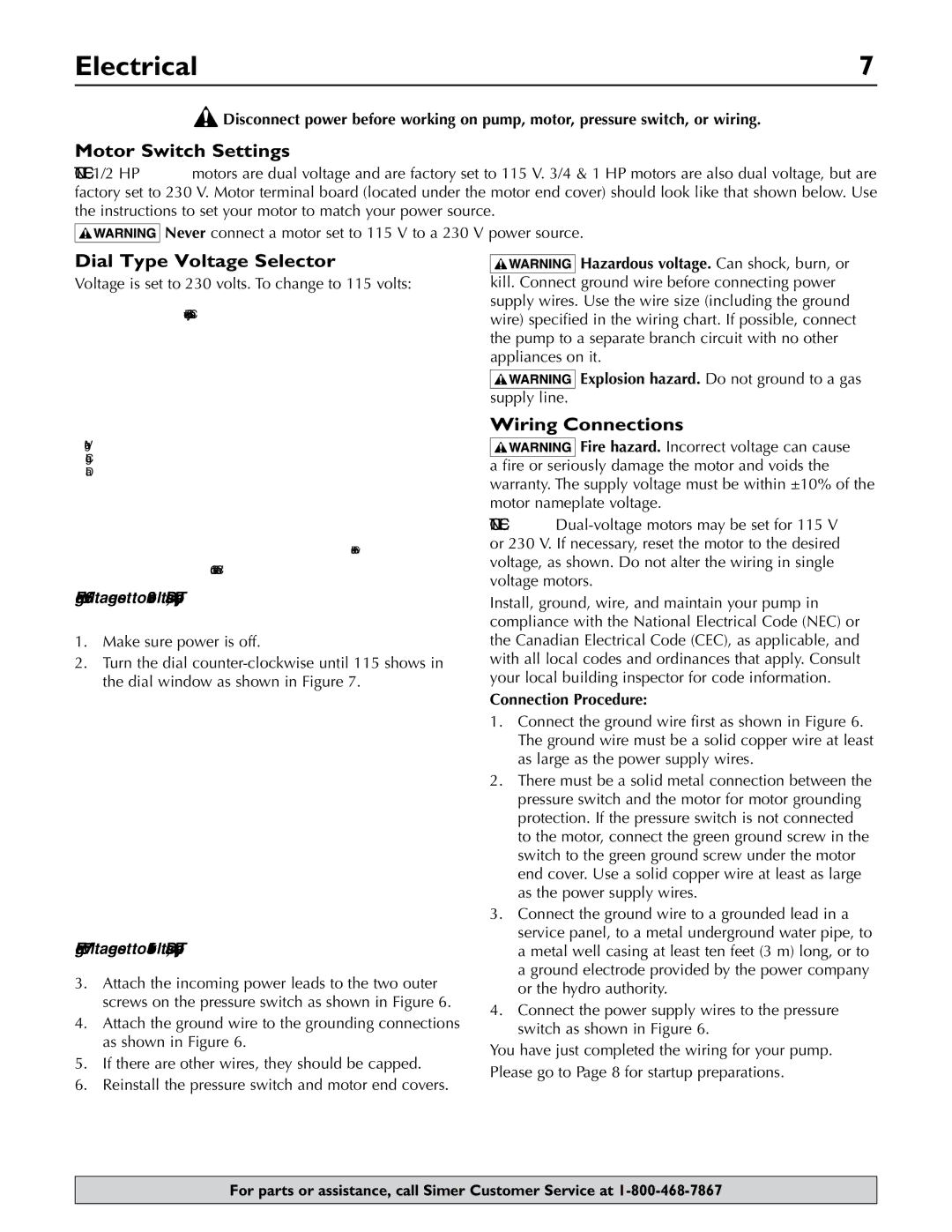 Simer Pumps 2.81E+01 owner manual Electrical, Motor Switch Settings, Dial Type Voltage Selector, Wiring Connections 