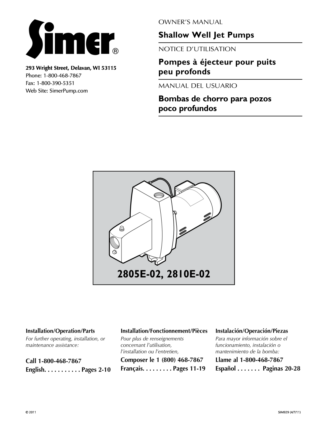 Simer Pumps 2.81E+01 owner manual Call English . . . . . . . . . . . Pages, Composer le, Llame al, Español, Français 