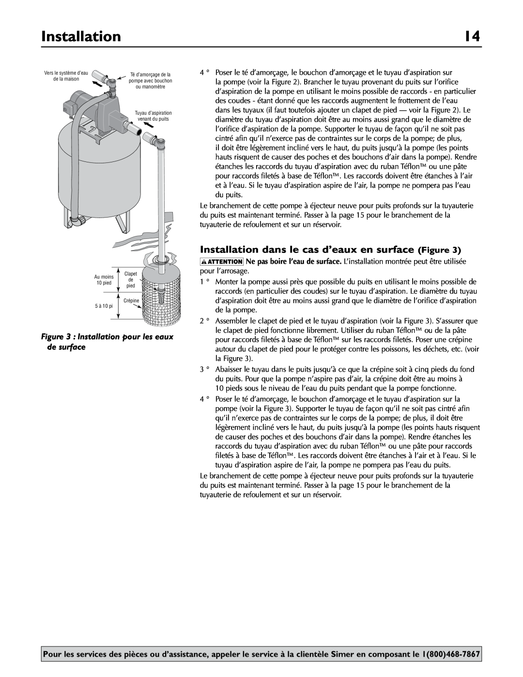 Simer Pumps 2.81E+01 owner manual Installation dans le cas d’eaux en surface Figure 