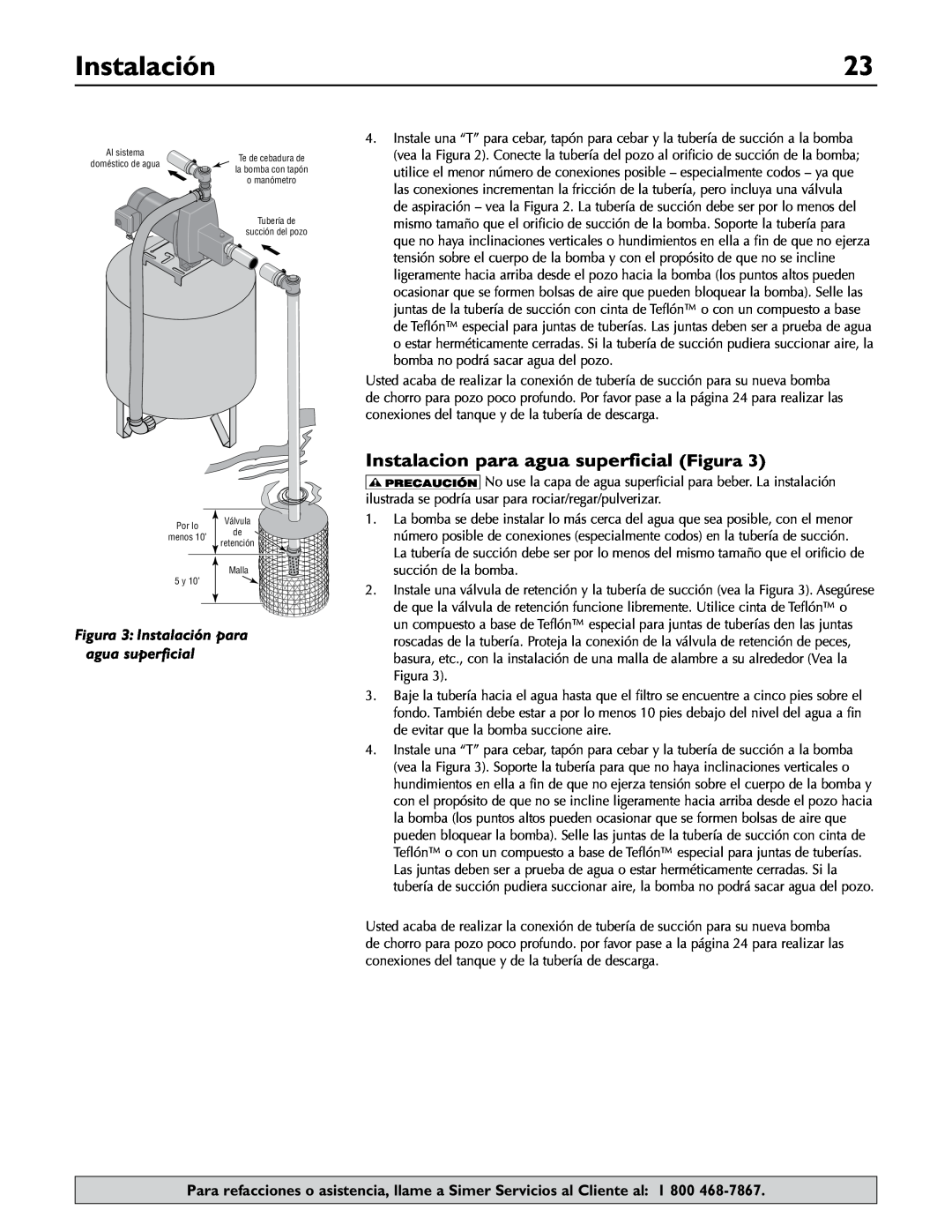 Simer Pumps 2.81E+01 owner manual Instalacion para agua superficial Figura, Instalación 
