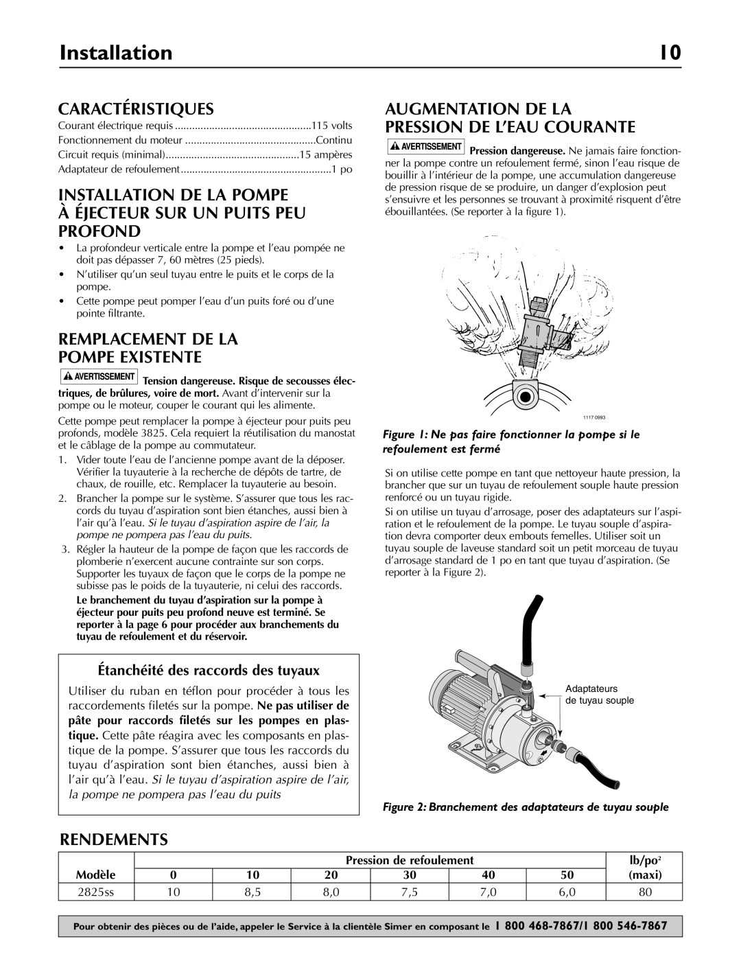 Simer Pumps 2825SS owner manual Caractéristiques, Installation DE LA Pompe Éjecteur SUR UN Puits PEU Profond, Rendements 