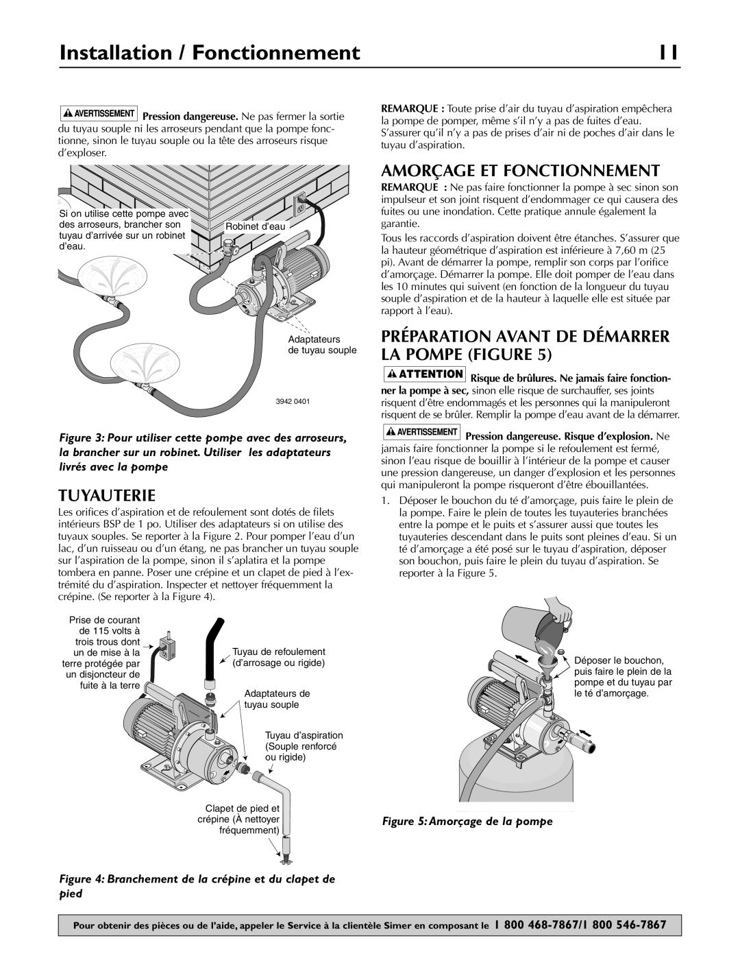 Simer Pumps 2825SS owner manual Installation / Fonctionnement, Tuyauterie, Amorçage ET Fonctionnement 